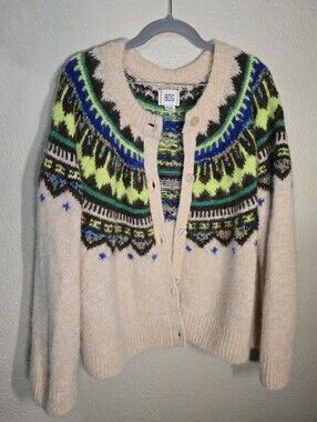 BDG Cream Cardigan with Neon Green & Blue Fair Isle Yoke XL